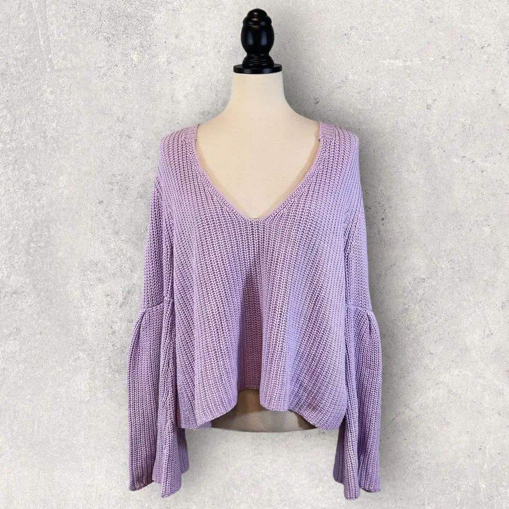 Free People Damsel Sweater Purple Bell Sleeve Cable Knit, Size M